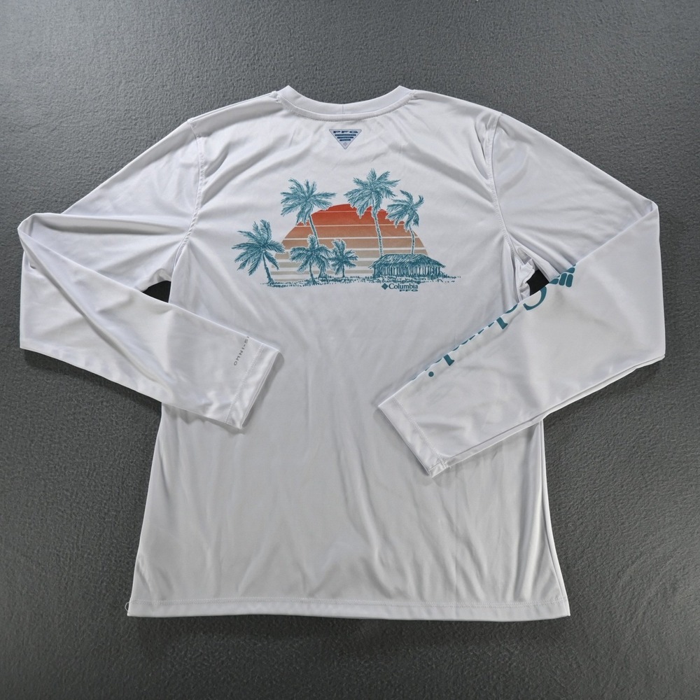 Columbia PFG Tidal Tee Long Sleeve Shirt Small White Sunset Palm Tree Graphic